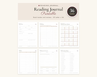 May include: A 36-page reading journal printable set featuring book trackers and reviews in US Letter and A4 sizes. The pages include a book review, reading log, bookshelf tracker, TBR list, reading stats for the year, and a yearly reading challenge.