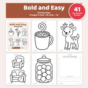 Könnte beinhalten: Eine digitale Sammlung von 41 Bold and Easy Malvorlagen mit schwarz-weißen Strichzeichnungen einer Tasse, eines Hirsches, Sesseln und eines Bonbonglases. Das Set enthält US Letter- und A4-Formate sowie eine leere Seite zum Zeichnen.