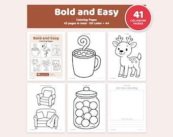 May include: A digital collection of 41 Bold and Easy coloring pages featuring black and white line art of a mug, a deer, armchairs, and a candy jar. The set includes US Letter and A4 formats, with a blank page for drawing.