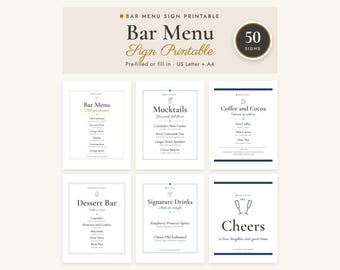 May include: A collection of printable bar menu signs featuring six distinct designs with black text on white backgrounds. The header text reads Bar Menu Sign Printable, 50 Signs, Pre-filled or fill in - US Letter + A4. The signs include categories like Mocktails, Coffee and Cocoa, Dessert Bar, Signature Drinks, and Cheers.