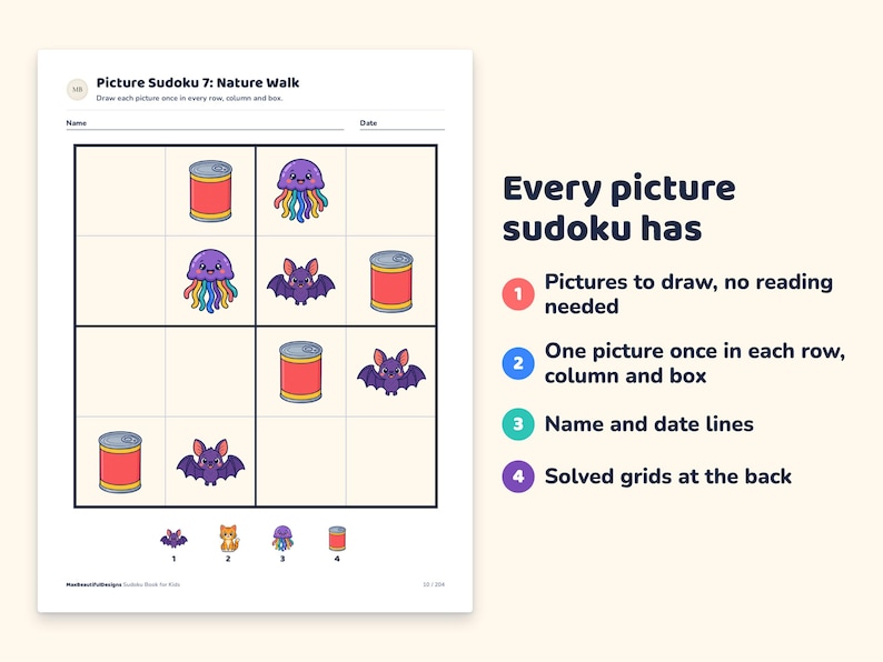 Sudoku Printable for Kids, 172 Puzzles, Picture, 4x4, 6x6, 9x9, Easy to ...