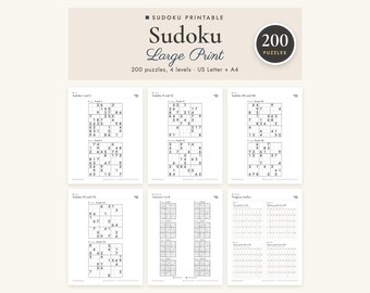 May include: A Sudoku printable set featuring 200 puzzles in large print across four difficulty levels. The document includes pages with multiple Sudoku grids, answer keys, and a progress tracker, formatted for US Letter and A4 paper sizes.