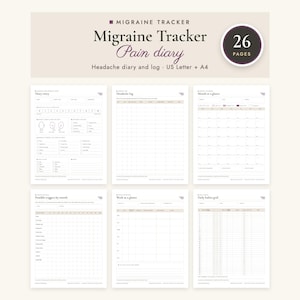 Könnte beinhalten: Ein digitales Migräne-Tagebuch-Set mit 26 Seiten in den Formaten US Letter und A4. Das Layout umfasst einen Tagebucheintrag, ein Kopfschmerzprotokoll, einen Monatskalender, einen Auslöser-Tracker, eine Wochenübersicht und ein tägliches Gewohnheitsraster.