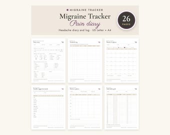 May include: A digital migraine tracker and pain diary set featuring 26 pages in US Letter and A4 sizes. The layout includes a diary entry, headache log, monthly calendar, trigger tracker, weekly overview, and a daily habits grid.