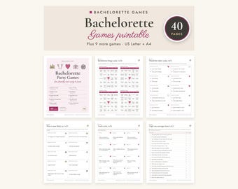 May include: A collection of printable bachelorette party games featuring 40 pages of activities. The set includes Bachelorette Party Games, Bachelorette Bingo, Would You Rather, Who Is Most Likely To, Truth cards, and a Night Out Scavenger Hunt.