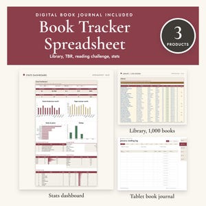 Könnte beinhalten: Ein digitales Buch-Tracker-Tabellenkalkulationsset mit drei Produkten: ein Statistik-Dashboard mit Diagrammen, eine Bibliothek für 1.000 Bücher und ein Tablet-Buchjournal. Das Design verwendet ein kastanienbraunes Farbschema.