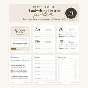 Könnte beinhalten: Ein Set mit 73 Seiten für Handschrifttraining für Erwachsene, mit Übungen in Druck- und Schreibschrift. Die Blätter enthalten Alphabet-Vorlagen, Wortübungen, Sätze und einen 30-Tage-Tracker, formatiert für US Letter und A4-Papier.