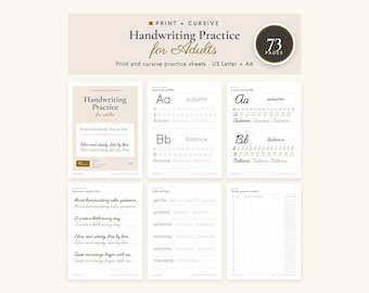 May include: A set of 73 pages for handwriting practice for adults, featuring print and cursive exercises. The sheets include alphabet tracing, word practice, sentences, and a 30-day tracker, formatted for US Letter and A4 paper sizes.