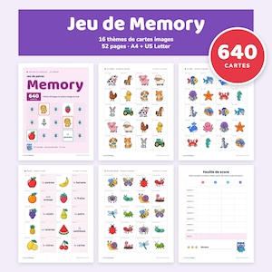 May include: A printable memory game set featuring 640 cards across 16 themes, including animals, fruits, and insects. The set includes 52 pages in A4 and US Letter formats, with a score sheet and colorful illustrations on each card.