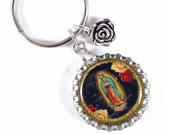 Virgen de Guadalupe Keychain, Religious Keychain, Bottle Cap Keychain