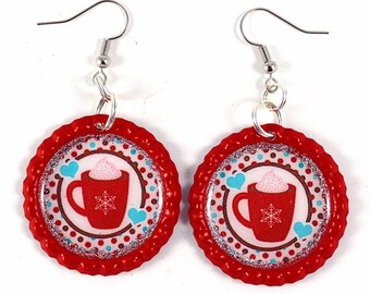 Peppermint Mocha, Red Cup, Holiday Earrings, Christmas Jewelry, Bottle Cap Jewelry