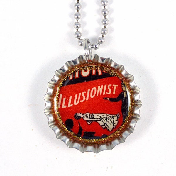 Vintage Magician Bottle Cap Necklace, Illusionist Jewelry