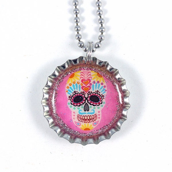 Sugar Skull Bottle Cap Necklace, Day of the Dead Jewelry