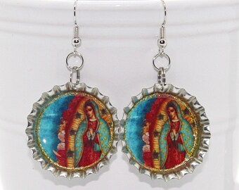 Virgen de Guadalupe Bottle Cap Earrings, Mexican Religious Jewelry