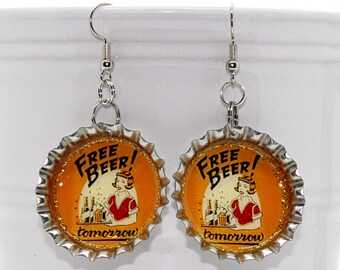 Beer Bottle Cap Earrings, Retro Advertisement, Alcohol Jewelry
