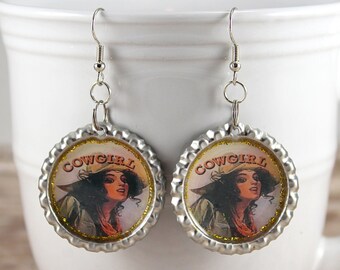 Retro Cowgirl Earrings,  Vintage Cowgirl, Western Jewelry, Cowgirl Pinup, Bottle Cap Earrings, Gift for Her, Kitsch Jewelry