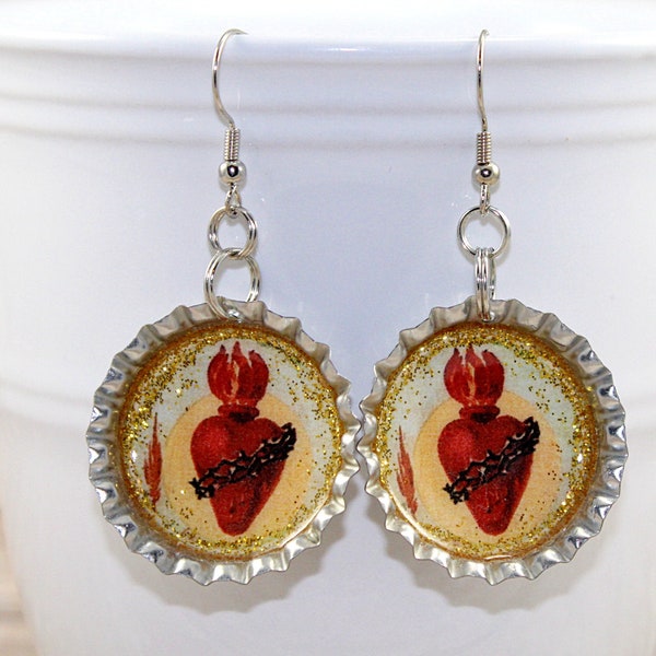 Sacred Heart Earrings, Mexican Jewelry, Religious Jewelry, Sagrado Corazón