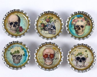 Skull Magnets, Bottle Cap Magnets, Day of the Dead, Skull and Flowers, Magnet Set