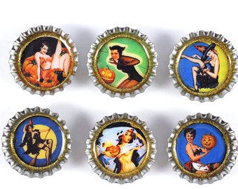 Sexy Halloween, Pinup Girls, Halloween Decor, Retro Magnets, Refrigerator Magnets, Bottle Cap Magnets, Pinup Girl Jewelry