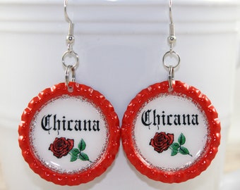 Chicana Earrings, Bottle Cap Earrings, Mexican Earrings, Latina Jewelry, Latina Feminist