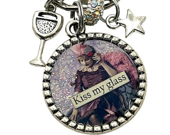 Vintage Drinking Lady Kiss my Glass Keychain, Gift for Her, Bag Purse Charm