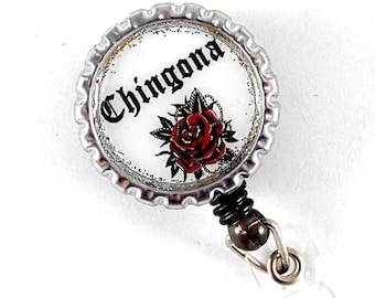 Badge Reel, Chingona Badge Holder, Retractable Badge Reel, Badge Holder, Gift for Her, Bottle Cap, ID Holder, Latina Feminist