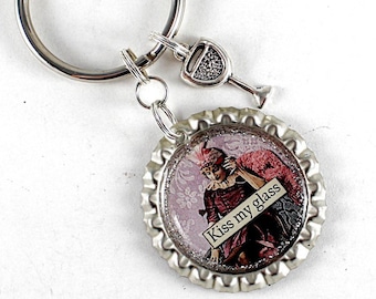 Wine Keychain, Alcohol Keychain, wine Lover Gift, Funny Keychain, Gift for Her, Kiss my Glass