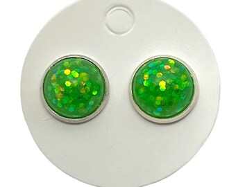 Lime Green Holographic Matte Glitter Mini Resin Stud Post Earrings