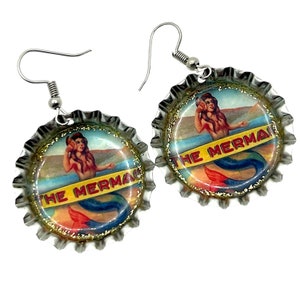 Vintage Circus Earrings, Circus Poster, Bottle Cap Jewelry, Sideshow Freaks, Mermaid Earrings