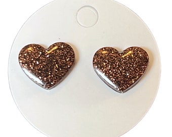 Bronze Brown Glitter 13mm Heart Mini Stud Earrings