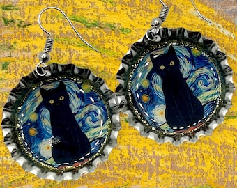 Black Cat Animal Lover Repurposed Upcycled Bottle Cap Earrings