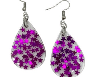 Purple Stars in Clear Resin Small Teardrop Dangle Earrings