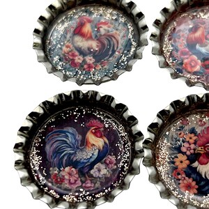 Elegant Floral Chickens & Roosters Farmhouse Set of 6 Upcycled Bottle Cap Magnets image 4