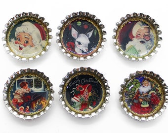 Vintage Christmas Magnets, Bottle Cap Magnets, Stocking Stuffer, Gift for Her