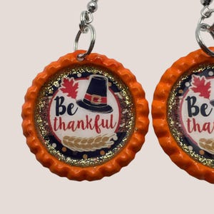 Be Thankful Thanksgiving Earrings – Orange Bottle Cap Earrings, Fall Pilgrim Hat Jewelry, Autumn Leaf Glitter Resin Earrings Gift image 8