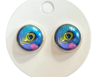 Peacock Feather Glass Cabochon Mini Post 12mm Earrings