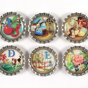 aimants ABC vintage, aimants pour enseignant, cartes-éclair avec lettres, enseignant à domicile, sons de lettres, aimants pour bouchons de bouteille