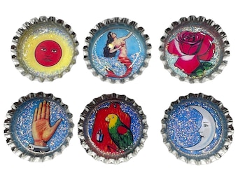 Set of 6 Mexican Loteria Bingo Bottle Cap Magnets