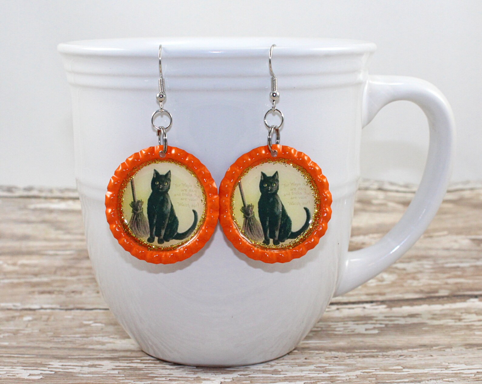 Black Cat Bottle Cap Earrings Vintage Halloween Witch Cat Etsy