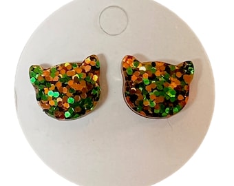 Green and Orange Glitter Resin Cat Head Stud Earrings