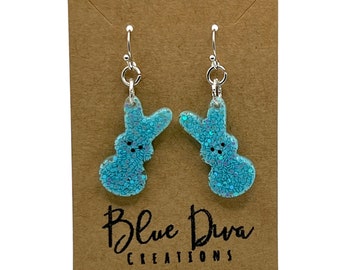 Rabbit Ice Blue Glitter Resin Spring Easter Bunny Earrings