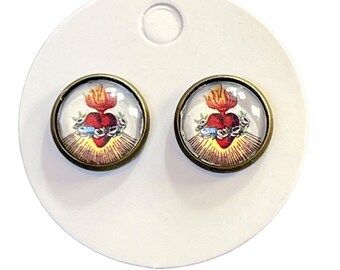 Sacred Heart Glass Cabochon Mini Post 12mm Earrings