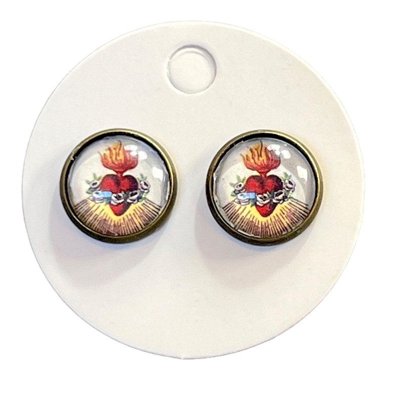 Sacred Heart Glass Cabochon Mini Post 12mm Earrings image 1