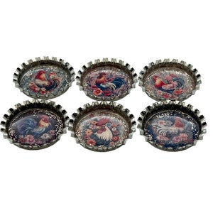 Elegant Floral Chickens & Roosters Farmhouse Set of 6 Upcycled Bottle Cap Magnets image 6