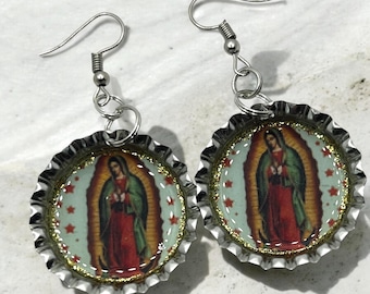 Virgen de Guadalupe Bottle Cap Earrings, Mexican Religious Jewelry