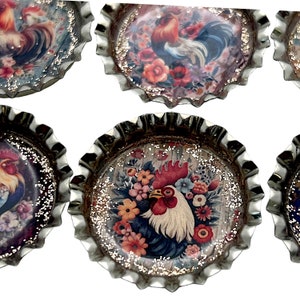 Elegant Floral Chickens & Roosters Farmhouse Set of 6 Upcycled Bottle Cap Magnets image 3