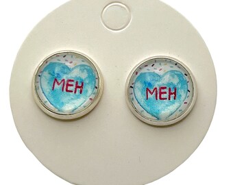 Valentines Day Blue Heart MEH Funny Galentines Post Stud Earrings Gift for Her