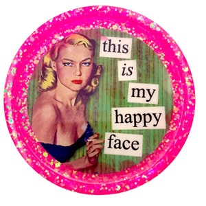 Martini Coaster, Glitter Resin Coaster, Bar Decor, Beer Lover, Gift for Him, Gift for Her, Vintage Lady, Happy Face