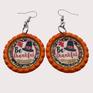 Be Thankful Thanksgiving Earrings – Orange Bottle Cap Earrings, Fall Pilgrim Hat Jewelry, Autumn Leaf Glitter Resin Earrings Gift image 2