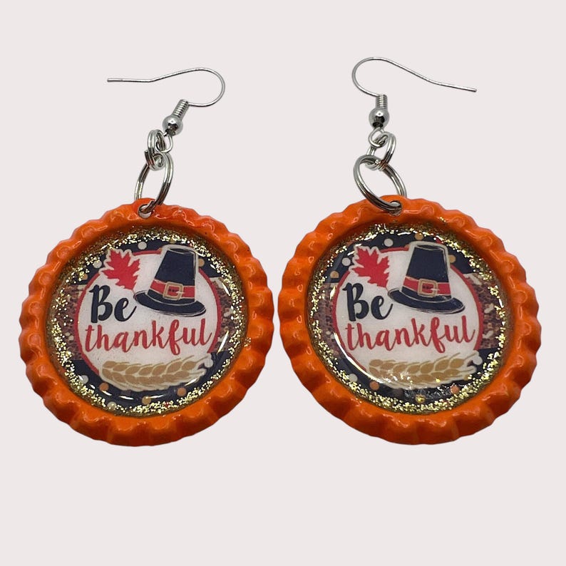 Be Thankful Thanksgiving Earrings – Orange Bottle Cap Earrings, Fall Pilgrim Hat Jewelry, Autumn Leaf Glitter Resin Earrings Gift image 2